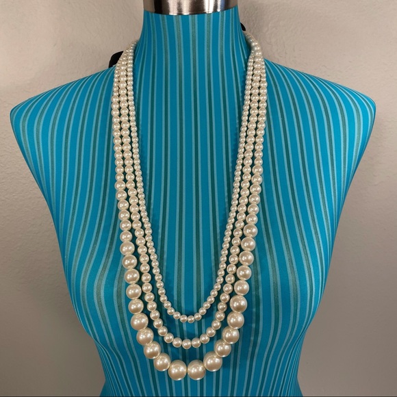 Three faux pearl strands with black ribbon tie - Picture 7 of 12